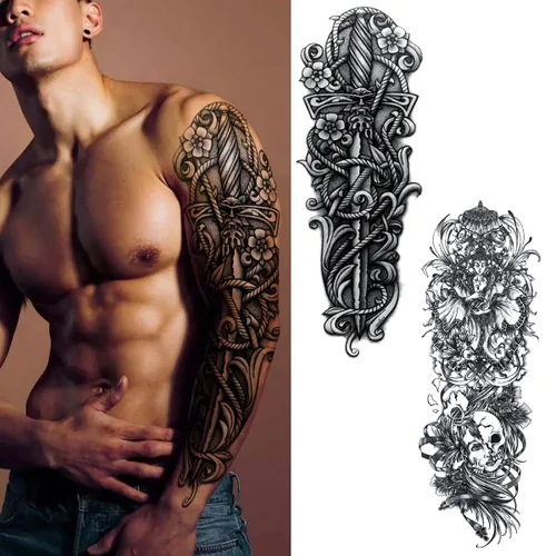 Miniatura 5 de Tatuajes temporales de flor de tótem negro y calavera - 8 hojas de tatuajes realistas de manga para hombres y mujeres, tatuaje falso grande