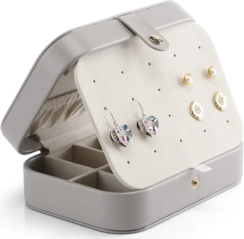 Miniatura 6 de Vlando Joyero pequeño, organizador de joyas de viaje para aretes, collar, anillo, organizador de joyas de viaje portátil de doble capa para mujeres