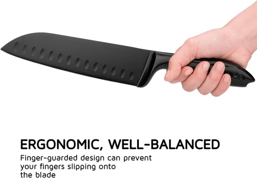 Miniatura 6 de WELLSTAR Santoku Cuchillo de cocina de 7 pulgadas, afilado estilo japonés con hoja de acero inoxidable de alto carbono, negro