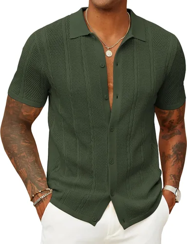 COOFANDY Camisas de punto con botones para hombre, polo casual con textura, manga corta, estilo vintage, tops de verano para playa