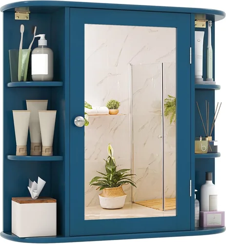 Miniatura 13 de Tangkula Botiquín de baño con espejo, almacenamiento para el hogar montado en la pared con puerta y 6 estantes abiertos, estantes ajustables, Negro
