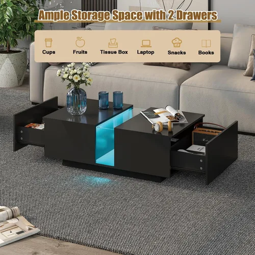 Miniatura 3 de HedoAjim Mesa de centro LED negra para sala de estar, mesa rectangular de sala de estar con almacenamiento, mesas de centro de acrílico con 2