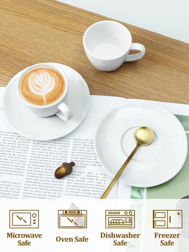 Miniatura 3 de Tazas de café de 4 onzas con platillos y soporte de metal, cucharas, tazas de café apilables de porcelana, tazas Demitasse, perfectas para expreso