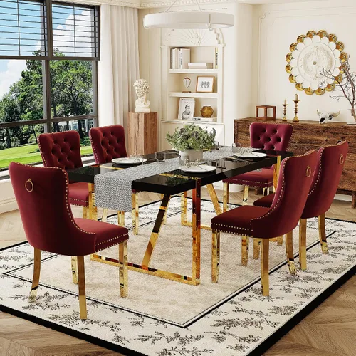 Miniatura 22 de Juego de mesa de comedor negra para 4, parte superior negra brillante de 55 pulgadas con patas de metal dorado, juego de mesa de comedor moderno