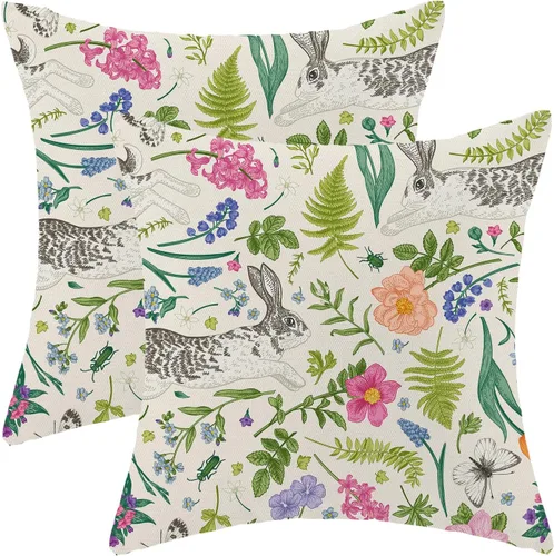 Miniatura 42 de CXMEIFLY Juego de 2 fundas de almohada de Pascua de 18 x 18 pulgadas para decoración vintage de conejo, con lazo de primavera, conejo, para Pascua02