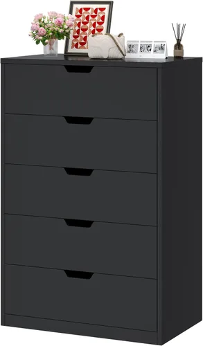 Miniatura 8 de HAUOMS Cómoda alta de 5 cajones, cómoda moderna negra para dormitorio, vestidor de armario con cajones para sala de estar, entrada, pasillo Negro