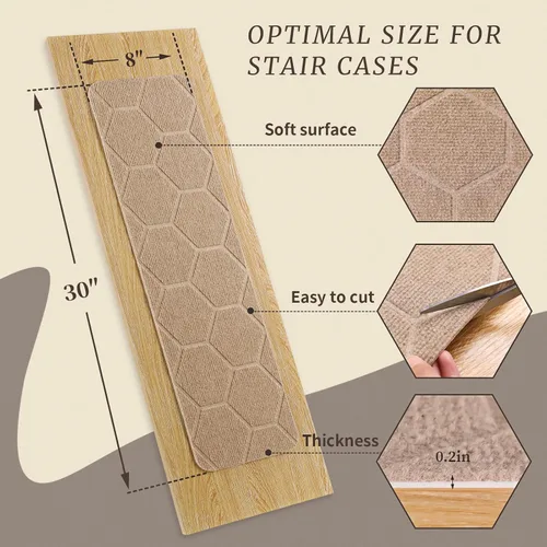 Miniatura 2 de MATAHUM Peldaños antideslizantes para escaleras, paquete de 15 alfombras de 8 x 30 pulgadas, color beige para escalones de madera en interiores