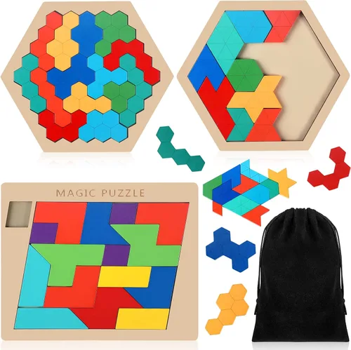Miniatura 9 de Yunsailing Paquete de 3 rompecabezas grandes de madera hexagonal Tangram rompecabezas de madera rusa para adultos desafío teasers geométrico, lógica