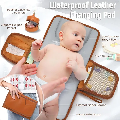 Miniatura 6 de ROSEGIN Mochila para pañales de piel vegana prémium con cambiador impermeable - Costuras y cremalleras reforzadas, bolsa de bebé para niño y niña