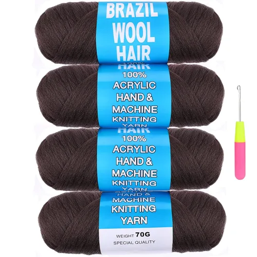 Miniatura 32 de COOKOO 2 rollos de hilo de lana brasileña color negro natural para cabello trenzado de ganchillo, trenzas, torsión, urdimbres, torsión senegalesa