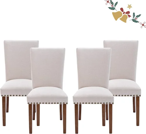 Parsons - Juego de 4 sillas de comedor, tapizadas con cabeza de clavo, sillas auxiliares de comedor y cocina con cojines gruesos y patas de madera,
