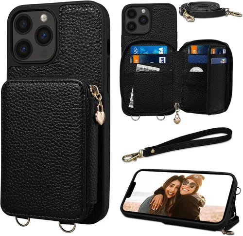 Funda para iPhone 13 Pro Max de 6.7 pulgadas, bolso cruzado con cremallera con bloqueo RFID, soporte de 10 ranuras para tarjetas, cordón desmontable