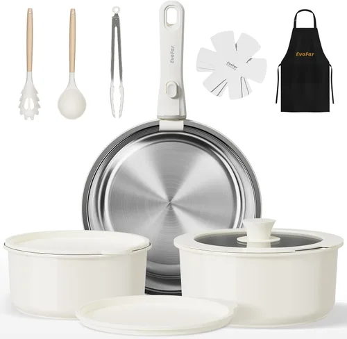 Juego de 14 utensilios de cocina de acero inoxidable, juego de ollas y sartenes desmontables con mango extraíble, no tóxico, ahorro de espacio,