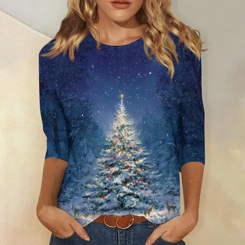 Miniatura 139 de Camisetas de manga 3/4 para mujer, cuello redondo, holgadas, casuales, con estampado floral, camisetas de moda para el trabajo de negocios