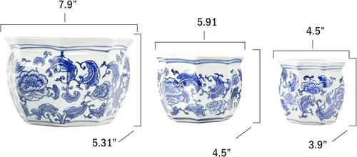 Miniatura 4 de Galt International Macetas de jardín decorativas de porcelana de cerámica con diseño floral azul y blanco, diseño chino asiático - Juego de 3