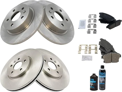 Miniatura 2 de TRQ Kit de pastillas de freno delanteras y traseras y rotores Kit químico de freno, pastillas de freno Rotor de freno de cerámica sólido compatible
