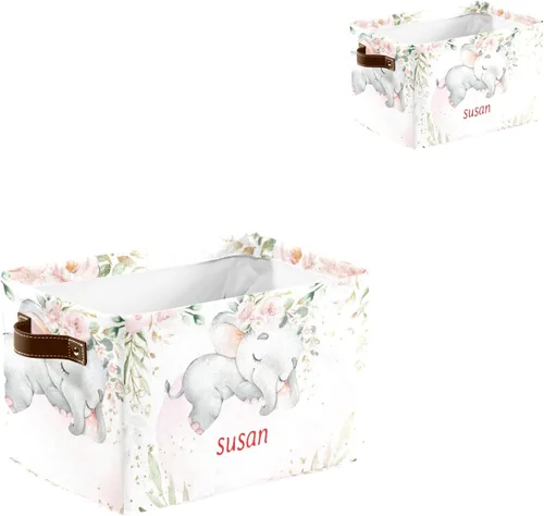 Miniatura 6 de Cesta de almacenamiento personalizada con diseño de elefante y flores rosas con nombre, caja de almacenamiento grande con asas para el hogar