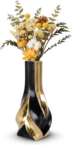 Miniatura 13 de Jarrón de cerámica verde y dorado de 10.6 pulgadas, moderno jarrón de flores geométrico para centro de mesa de comedor, elegante jarrón decorativo