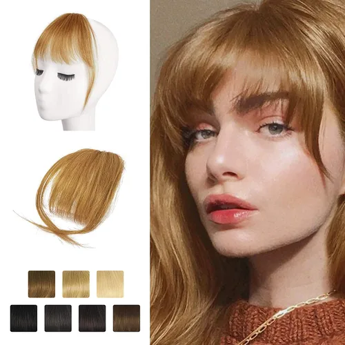 Miniatura 23 de BARSDAR Flequillo postizo de pelo humano real - Flequillo postizo 100% pelo humano para mujeres - Extensiones de flequillo ondulado castaño rojizo