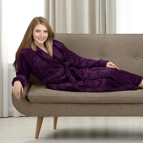 Miniatura 6 de NY Threads - Bata de baño de vellón para mujer con cuello tipo chal, bata larga y suave