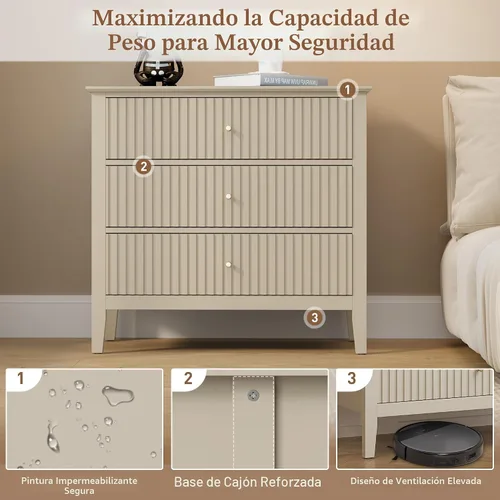 Miniatura 5 de RoyalCraft Cómoda Acanalada Beige de 3 Cajones, Cómoda de 32 Pulgadas de Ancho Mesita de Noche para Dormitorio, Cofre de Cajones de Madera Moderno