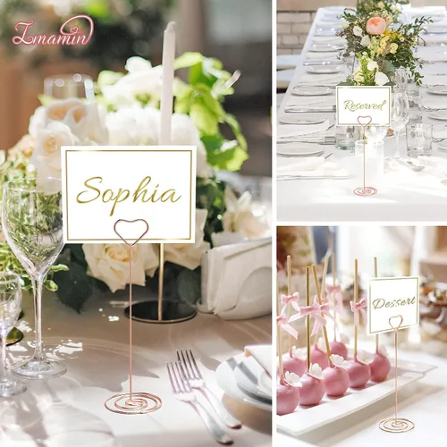 Miniatura 6 de 16 soportes para tarjetas de lugar, 8.75 pulgadas de alto, soporte para cuadros de oro rosa para mesas con clip en forma de corazón para bodas