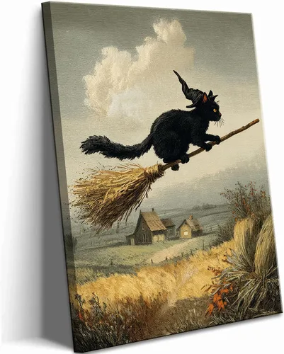 Miniatura 9 de Lienzo de paisaje victoriano OVNI para pared, diseño divertido de alienígena montando un gato, cuadros eclécticos de gato, póster impreso