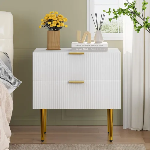 Miniatura 14 de Mesita de noche blanca para dormitorio, juego de 2 mesitas de noche acanaladas, mesa de noche moderna de mediados de siglo con patas de metal dorado