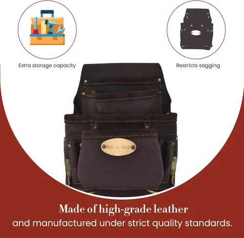 Miniatura 5 de Style n Craft Bolsa de herramientas y uñas de carpintero de 10 bolsillos, bolsa de herramientas de cuero resistente, bolsa de cuero de grano Marrón