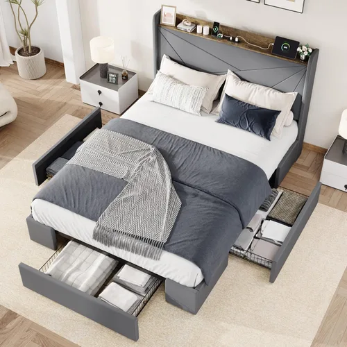Allewie Base de cama de terciopelo tamaño Queen con 3 cajones de almacenamiento, cama de plataforma tapizada con cabecera de almacenamiento con