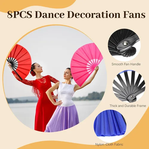 Miniatura 5 de Juego de 8 abanicos plegables grandes para baile de línea y estallido, ventiladores de mano con mangas de abanico, ventilador chino de Kung Fu