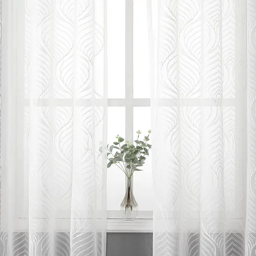 Miniatura 33 de VISIONTEX Cortinas traslúcidas blancas de 63 pulgadas de largo, juego de 2 paneles de bordado marroquí con puntos beige, tela de gasa bordada
