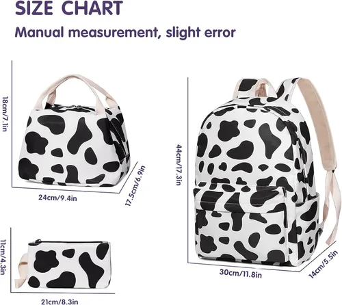 Miniatura 7 de Juego de mochila escolar con estampado de vaca para adolescentes, niñas, niños, bolsas con lonchera y estuche para lápices