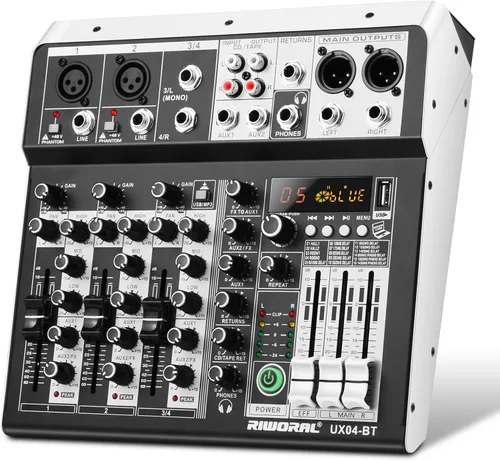 Miniatura 8 de Mezclador de audio de 4 canales con efectos 88 DSP, mesa de mezclas, interfaz USB, Bluetooth, reproductor de música + alimentación fantasma de línea