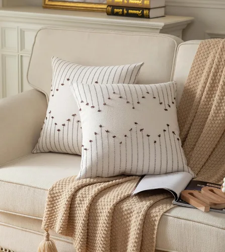 Miniatura 3 de Caflife Fundas de almohada boho de 18 x 18 pulgadas, juego de 2 almohadas decorativas para cama, fundas de almohada beige con línea negra para sofá