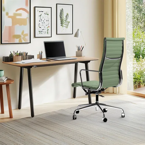 Miniatura 6 de Silla de oficina acanalada con cuero de grano superior, silla de escritorio ergonómica de respaldo alto con reposabrazos de aluminio y base de 5