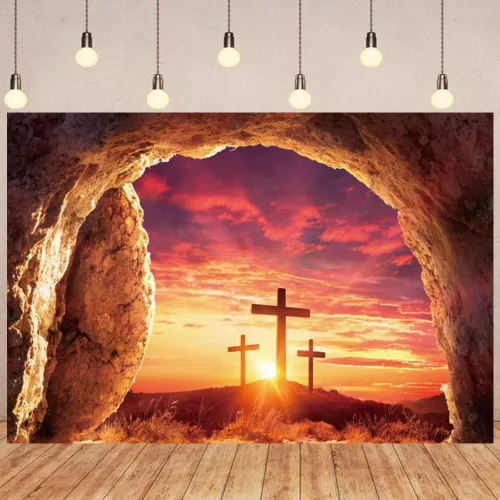 Miniatura 2 de Fondo de fotografía de tumba vacía de 6 x 4 pies, puesta de sol con luz sagrada, tres cruces en la montaña, Jesucristo, agujero de piedra, telón