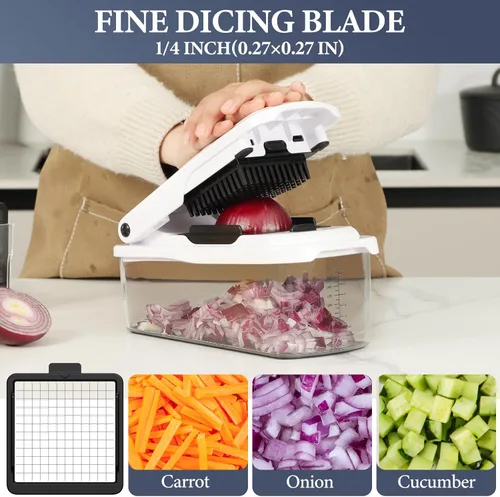 Miniatura 3 de Ourokhome Cortador de verduras con recipiente, cortador manual de cebolla con 2 cuchillas de cortar para tiras de papa, cubos de verduras, palitos