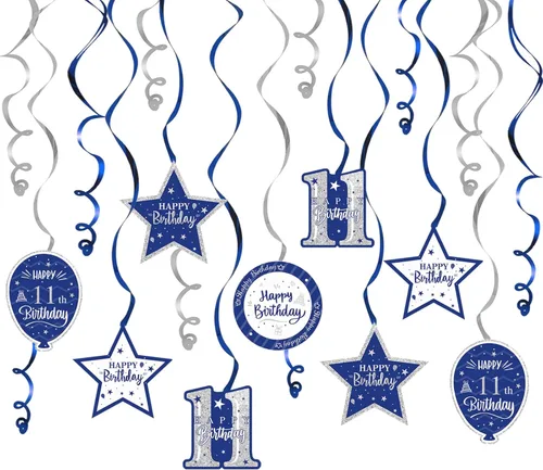 Decoración de fiesta de serpentinas con purpurina azul y plateada de feliz 11º cumpleaños, 15 piezas de remolinos colgantes de 11 cumpleaños, cartel