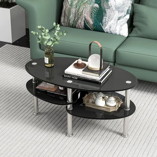 Miniatura 8 de Giantex Mesa de centro ovalada de vidrio templado transparente de 3 niveles con patas cromadas resistentes, mesa auxiliar de sofá pequeña, mesa