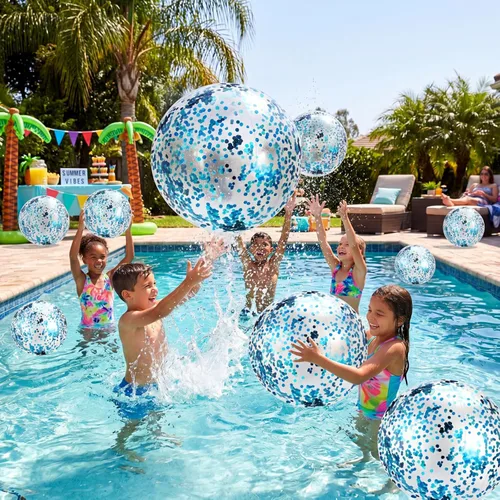 Hsei 3 bolas inflables de playa de 16 pulgadas con purpurina para verano, piscina, discoteca con confeti flotante, juguetes para decoración de Azul