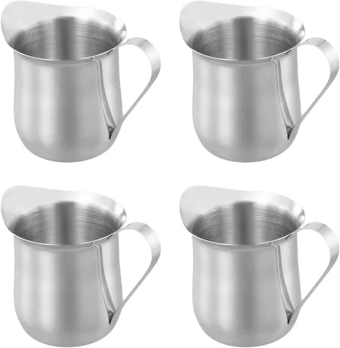 Miniatura 8 de KEILEOHO Paquete de 8 jarras pequeñas de metal de 3 onzas, jarra de crema de acero inoxidable, cremas en forma de campana con boquilla de vertido