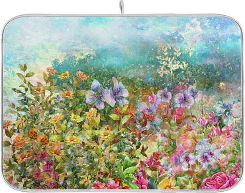 Miniatura 15 de Tapete de secado de platos de flores de fondo negro para encimera de cocina de 18 x 24 pulgadas, tapete de microfibra absorbente, tapete de secado