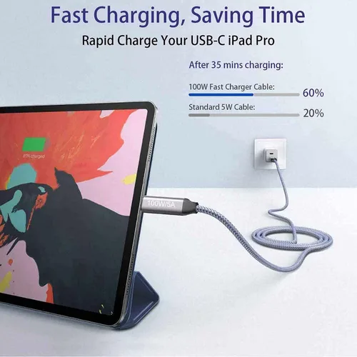 Miniatura 5 de Cable USB C a USB C de 100 W de 10 pies, cable largo de nailon USB 2.0 tipo C de carga rápida para MacBook Pro/Air, iPad Air/Pro, Samsung Galaxy S22