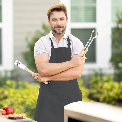 Miniatura 3 de Adjustable Bib Apron 100% Polyester Kitchen Aprons Waterdrop Resistant Aprons with Adjustable Strap, Pockets & Long Ties Gris