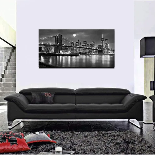 Miniatura 4 de LevvArts - Lienzo de Nueva York en blanco y negro con imagen del puente de Brooklyn, arte de pared, noche de luna llena, póster de la ciudad
