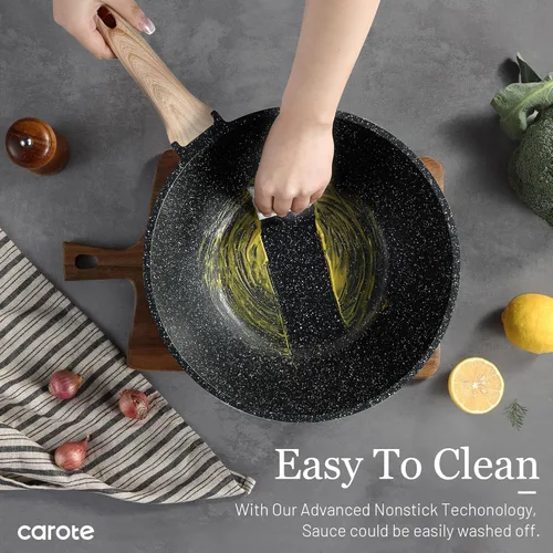 Miniatura 6 de CAROTE Wok antiadherente con tapa de 30.5 cm/4.99 L Woks y sartenes para freír Sartén wok antiadherente de granito para inducción Sartén para freír