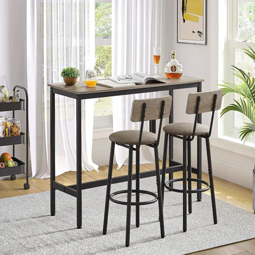 Miniatura 6 de Juego de mesa de bar y 2 sillas, 3 piezas para espacios pequeños, mesa de comedor rectangular para 2 mesas de bar de altura de mostrador con 2 Gris
