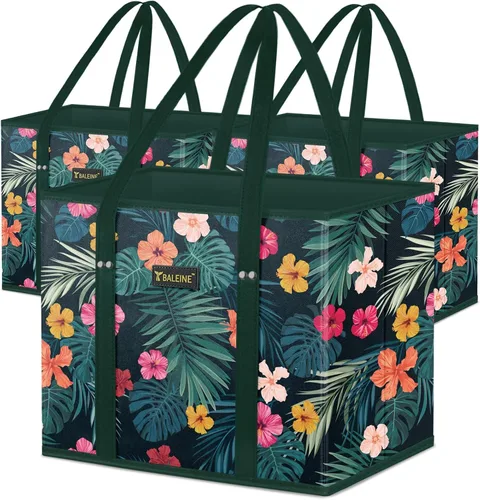 BALEINE Paquete de 3 bolsas reutilizables para comestibles, bolsas de compras plegables para comestibles con parte inferior reforzada y asas