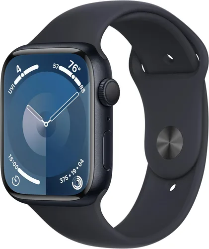 Apple Reloj inteligente de la serie 9 [GPS 1.772 in] con caja de aluminio medianoche con correa deportiva de medianoche M/L. rastreador de fitness,